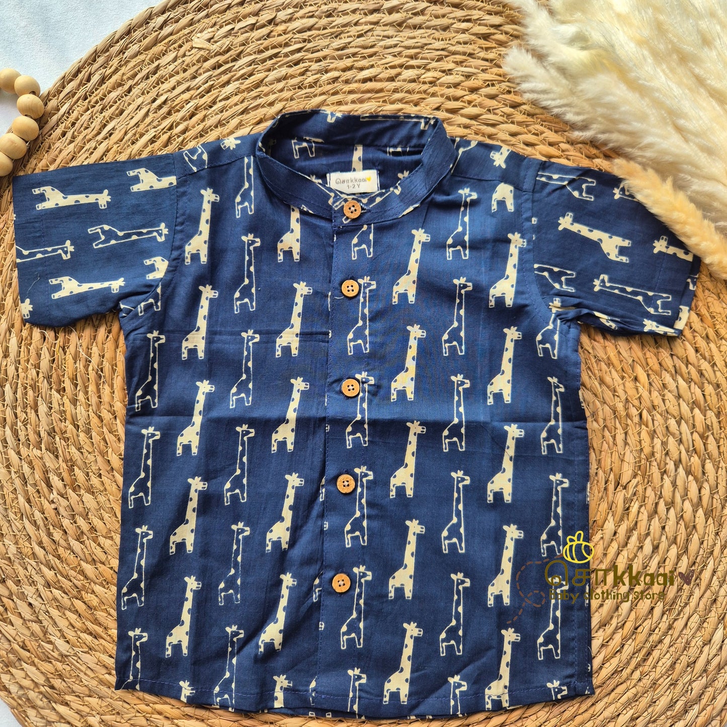 Navy Blue giraffe cambric cotton Kids Shirt (1 to 6yrs) - Sokkaai