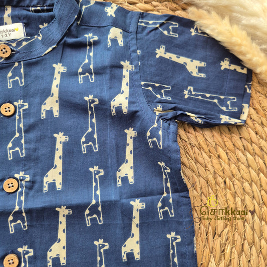 Navy Blue giraffe cambric cotton Kids Shirt (1 to 6yrs) - Sokkaai