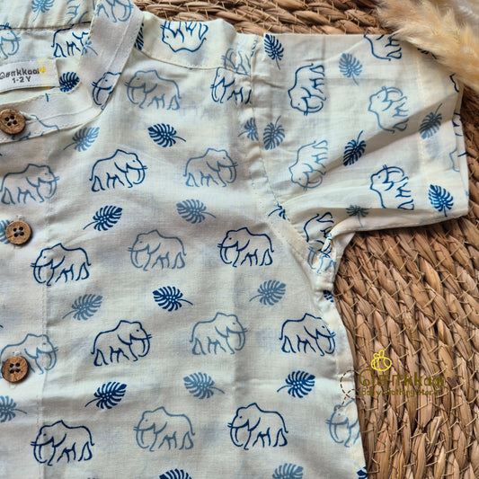 White & Blue elephant cambric cotton Kids Shirt (1 to 6yrs) - Sokkaai