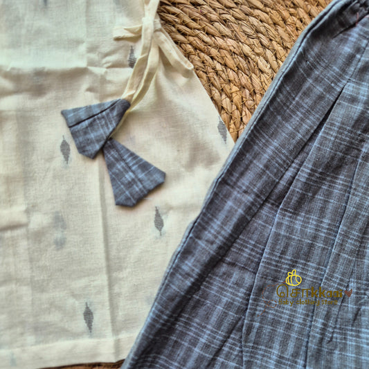 Off White & Grey Butta Cotton Kurti-Pattiyala Set Girl(6m-6years) - Sokkaai