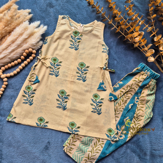 Teal Floral Bel Cotton Kurti-Pattiyala Set Girl(6m-6years) - Sokkaai