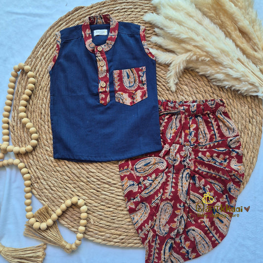 Deep Navy Blue with Rapid Kalamkari Cotton Dhoti Set (0-3yrs) - Sokkaai