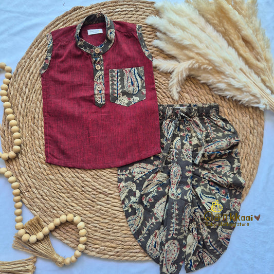 Maroon with Rapid Kalamkari Cotton Dhoti Set (0-3yrs) - Sokkaai