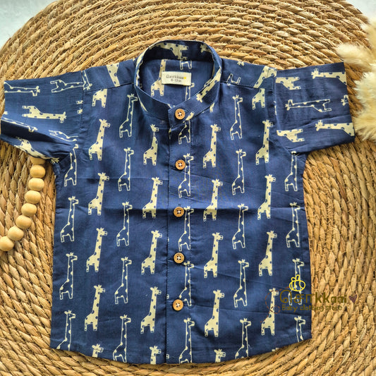 Navy Blue giraffe cambric cotton Kids Shirt (0 to 6yrs) - Sokkaai