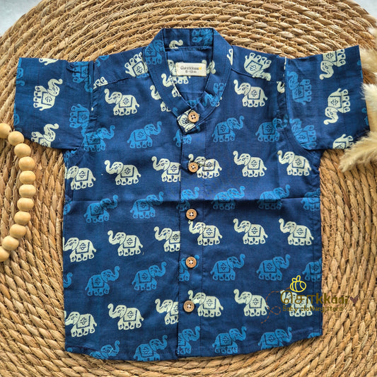 Indigo Blue Dual Elephant cambric cotton Kids Shirt (0 to 6yrs) - Sokkaai