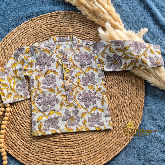 Gray Wild Bloom Natural Dyed Cotton Short Kurta (6m-6years) - Sokkaai