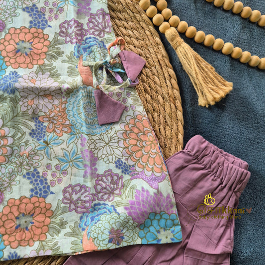 Lavender Bloom Garden Soft Mul Cotton Kurti-Pattiyala Set Girl(6m-6years) - Sokkaai