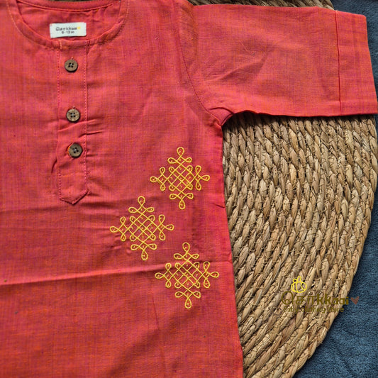 Coral Pink Dual Shade Mangalgiri Mid length kurta with elbow sleeve (0-8years) - Sokkaai