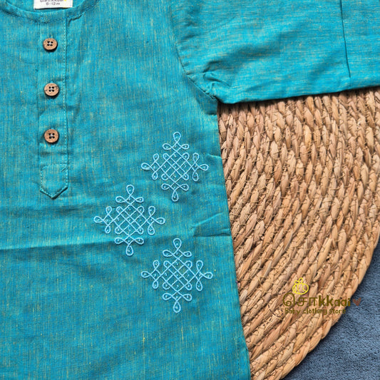 Ocean Blue Mangalgiri Mid length kurta with elbow sleeve (0-8years) - Sokkaai