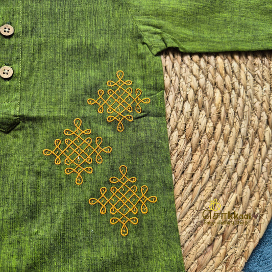 Forest Green Mangalgiri Mid length kurta with elbow sleeve (0-8years) - Sokkaai