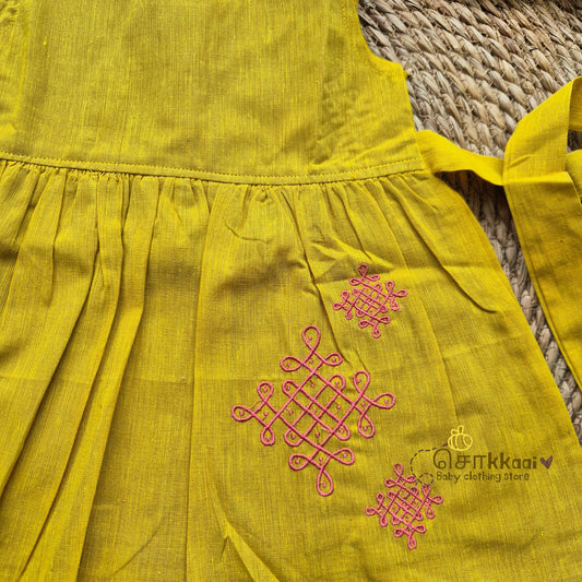 Golden Yellow Mangalgiri Cotton Girl Frock (0-5years) - Sokkaai