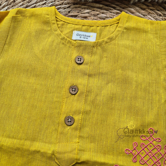 Golden Yellow Mangalgiri Mid length kurta with elbow sleeve (0-8years) - Sokkaai