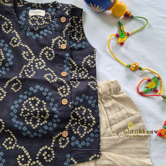 Black Bandhini Cotton Kids Dhoti Set (0-3yrs) - Sokkaai