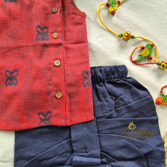 Rust Red Butterfly Cotton Kids Dhoti Set (0-3yrs) - Sokkaai