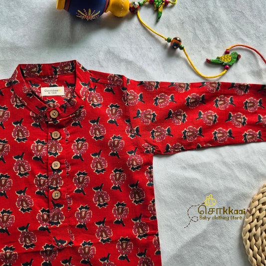 Crimson Red Bloom long kurta with full sleeve (0-6years) - Sokkaai