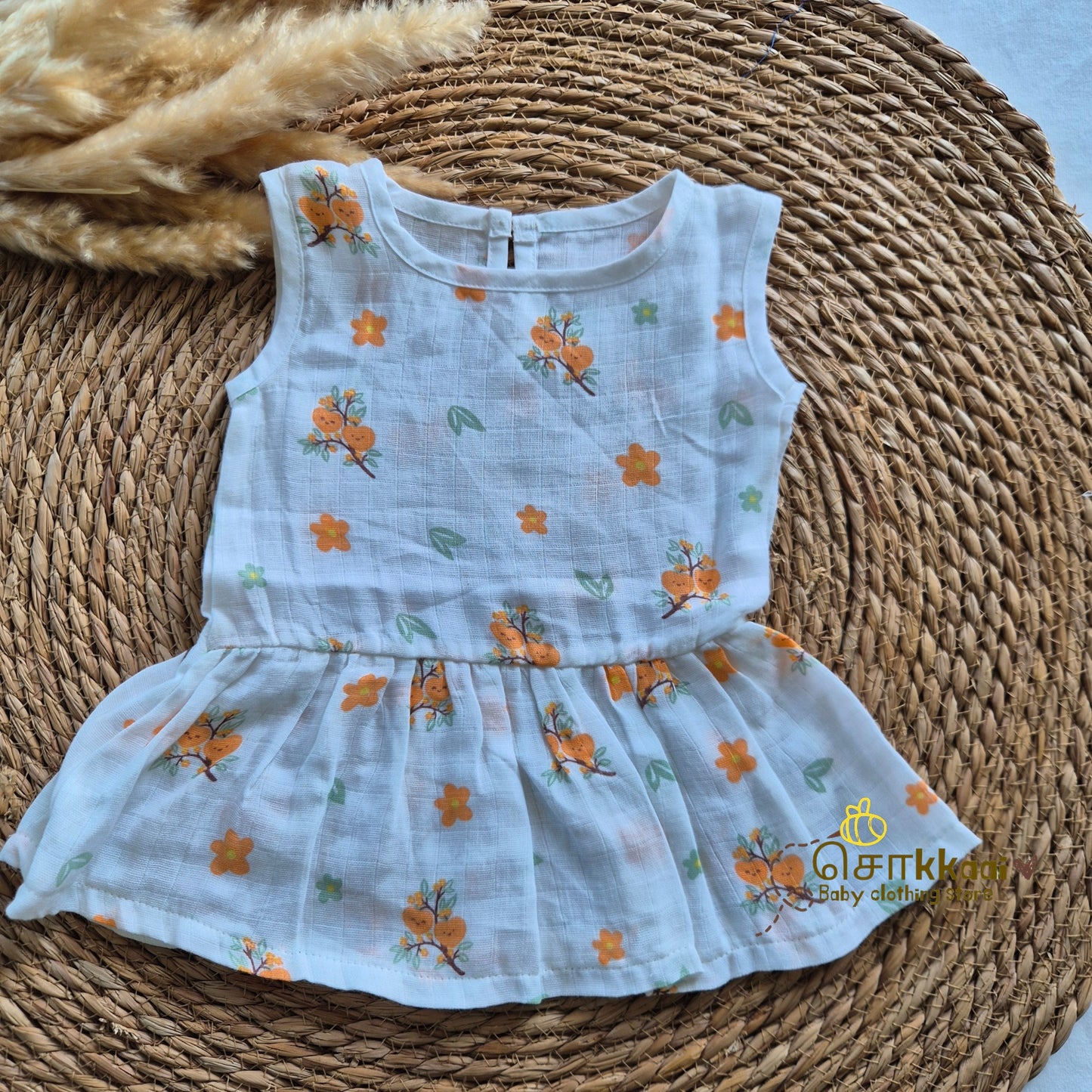 100% Organic Muslin Back Button Frock (0-3m) - Sokkaai