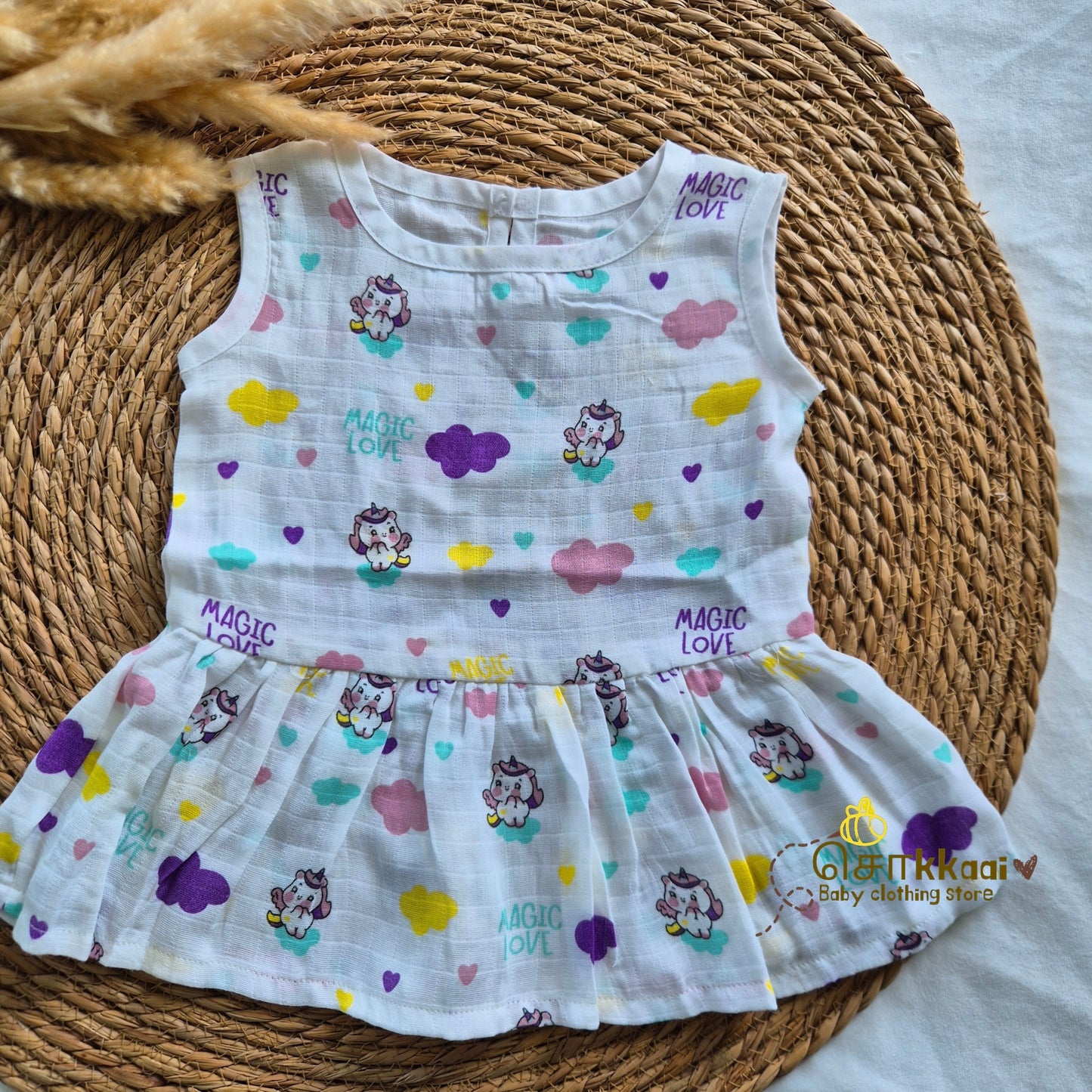 100% Organic Muslin Back Button Frock (6-12m) - Sokkaai