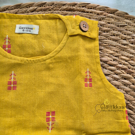 Mustard Pink Butta handloom cotton shoulder button tops (0 to 3years) - Sokkaai
