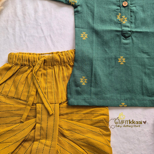 Bottle Green & Mustard Elbow Sleeve Cotton Kids Dhoti Set (0-3yrs) - Sokkaai
