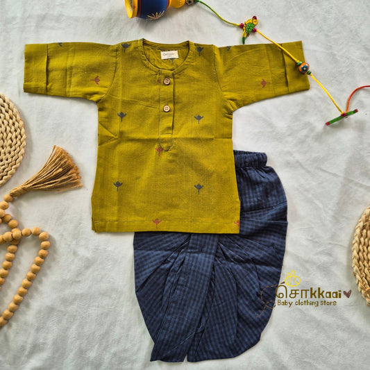 Mustard & Blue Lotus Elbow Sleeve Cotton Kids Dhoti Set (0-3yrs) - Sokkaai