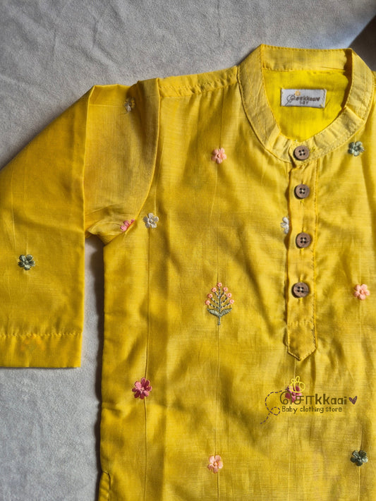 Yellow Bloom Mul Chanderi Kids Dhoti Set (1-5yrs) - Sokkaai