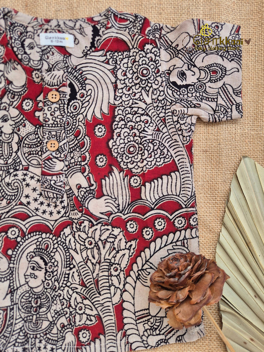 Red Heritage Kalamkari Short Sleeve Kurta/ Jippa (0-6years) - Sokkaai