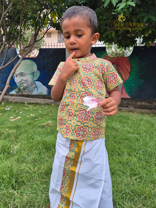 Lime & Green Heritage Geometric Mandarin Shirt with Veshti (6m-5yrs) - Sokkaai