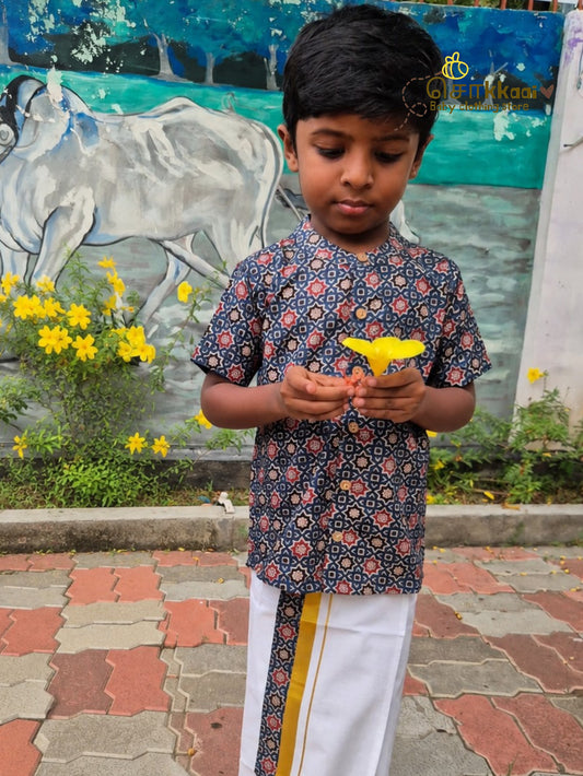 Blue Heritage Geometric Mandarin Shirt with Veshti (6m-5yrs) - Sokkaai