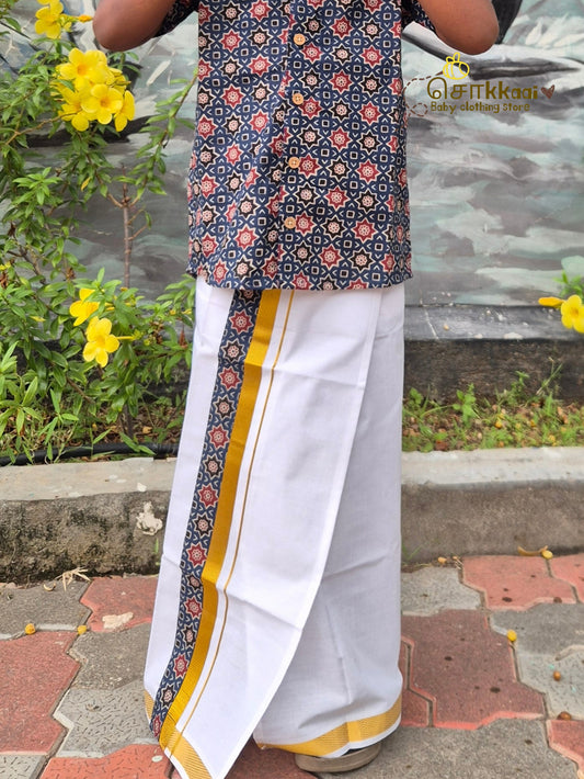 Blue Heritage Geometric Mandarin Shirt with Veshti (6m-5yrs) - Sokkaai