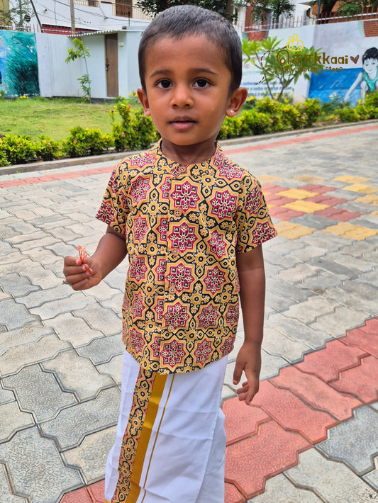 Yellow & Black Heritage Geometric Mandarin Shirt with Veshti (6m-5yrs) - Sokkaai