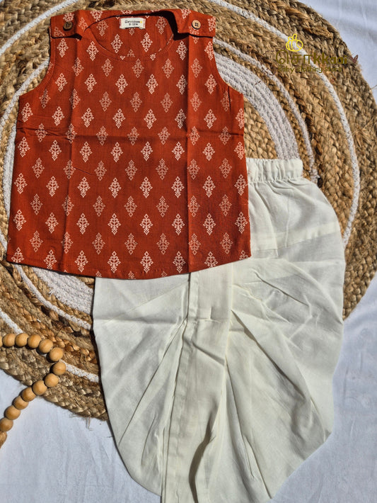 Rustic Orange Butta Cotton Kids Dhoti Set (NB-4yrs) - Sokkaai