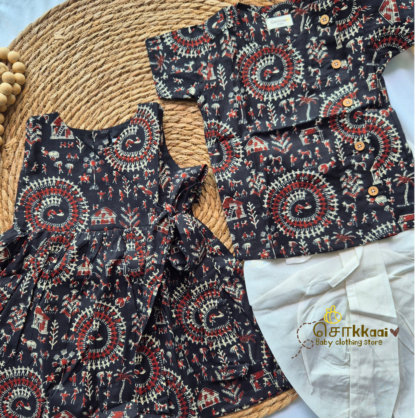 Black warli Overlap Flared Girl Frock (0-3years) - Sokkaai