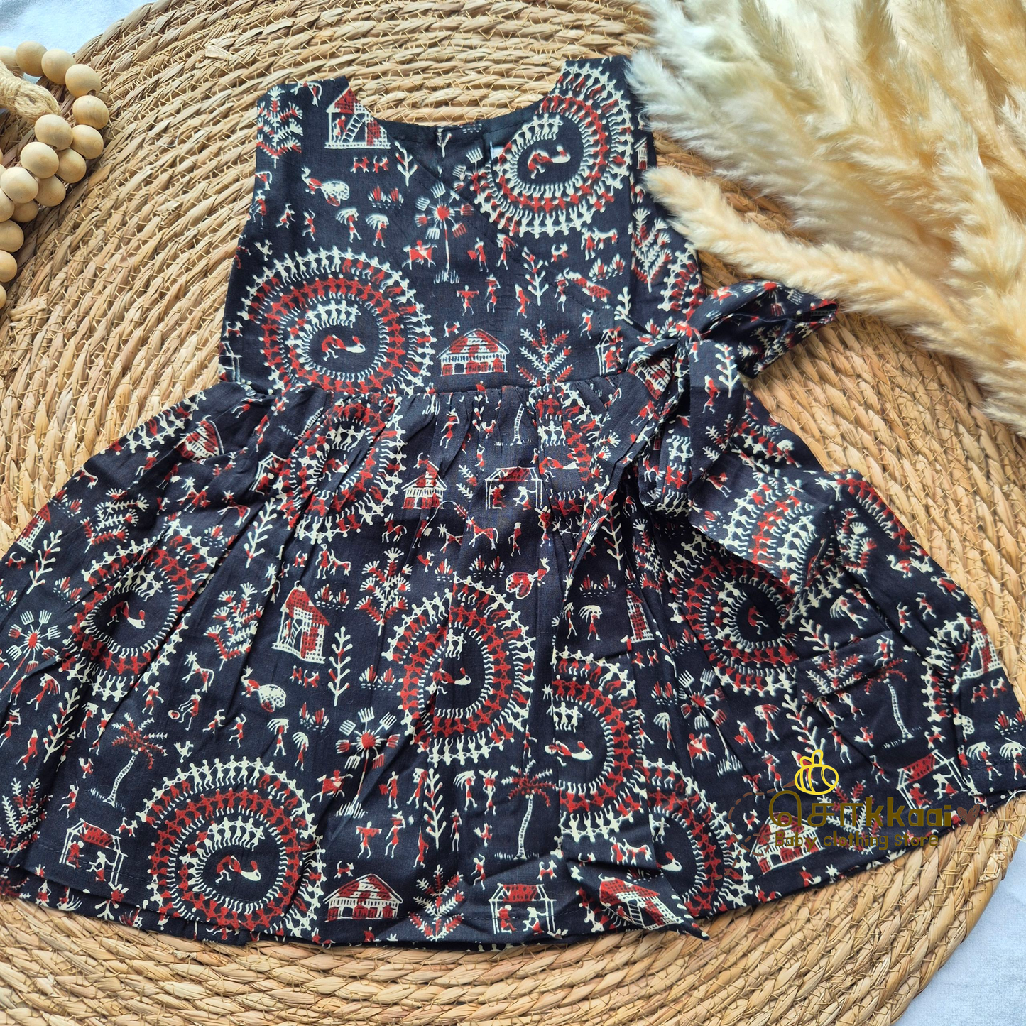 Black warli Overlap Flared Girl Frock (0-3years) - Sokkaai