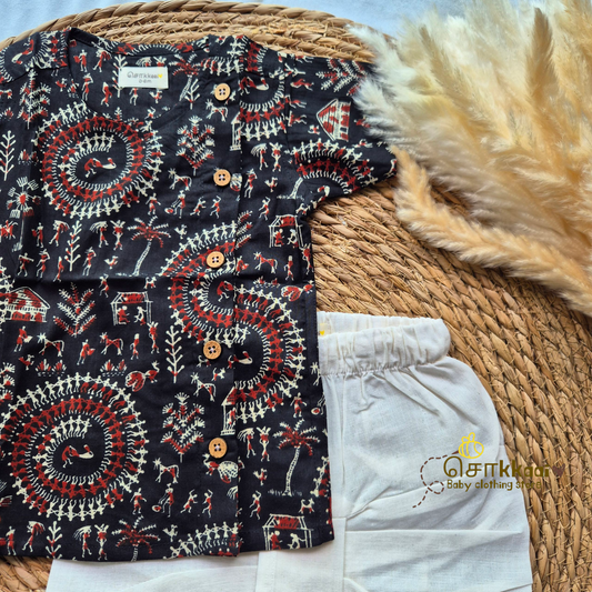 Black warli Cotton Kids dhoti set (0-5yrs) - Sokkaai