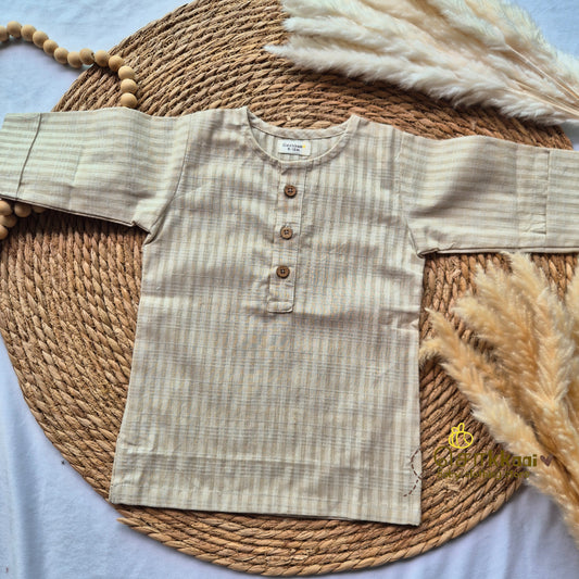 Beige handloom mid length kurta with veshti set (6m-6yrs) - Sokkaai