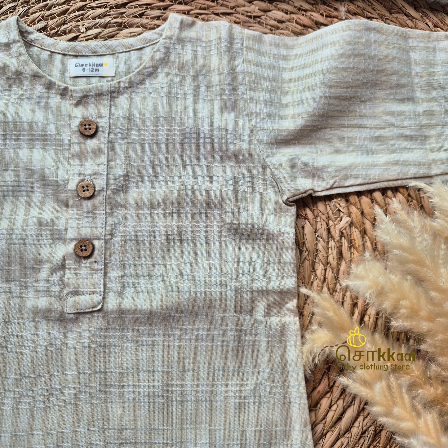 Beige handloom mid length kurta with veshti set (6m-6yrs) - Sokkaai