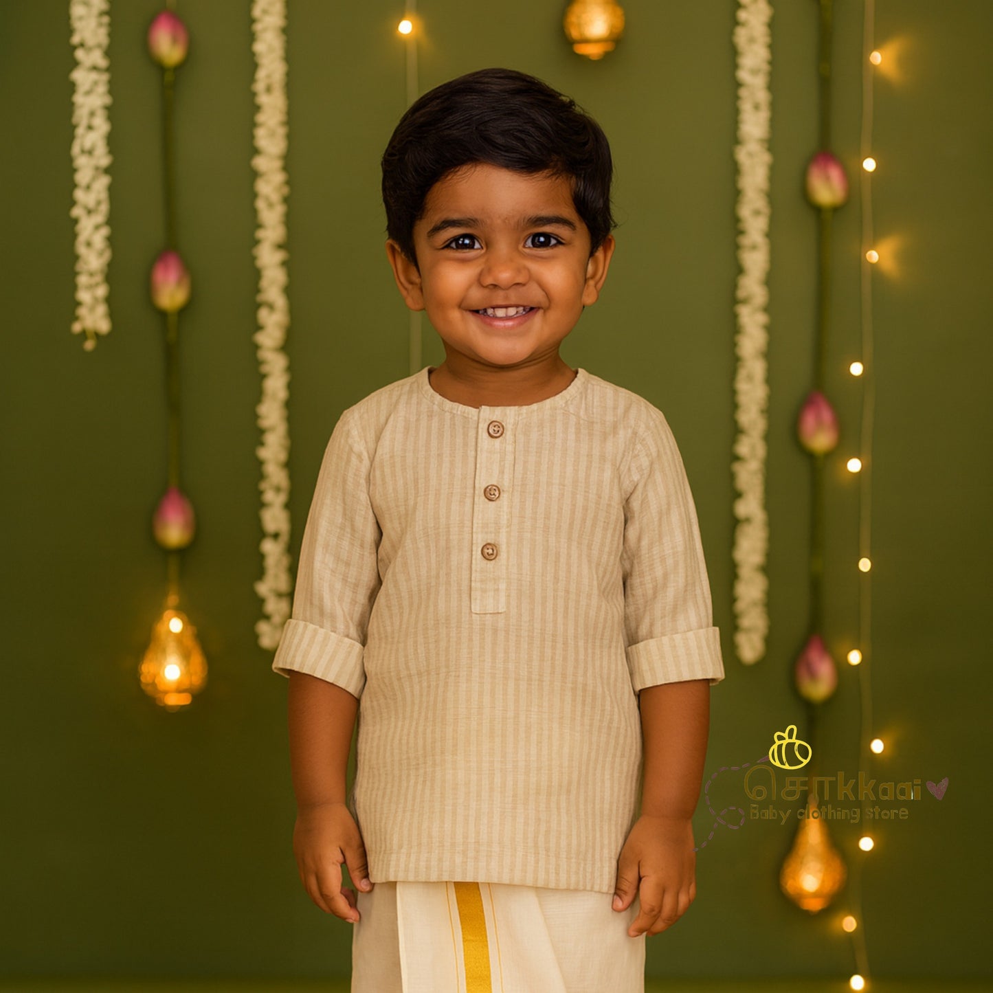Beige handloom mid length kurta with veshti set (6m-6yrs) - Sokkaai