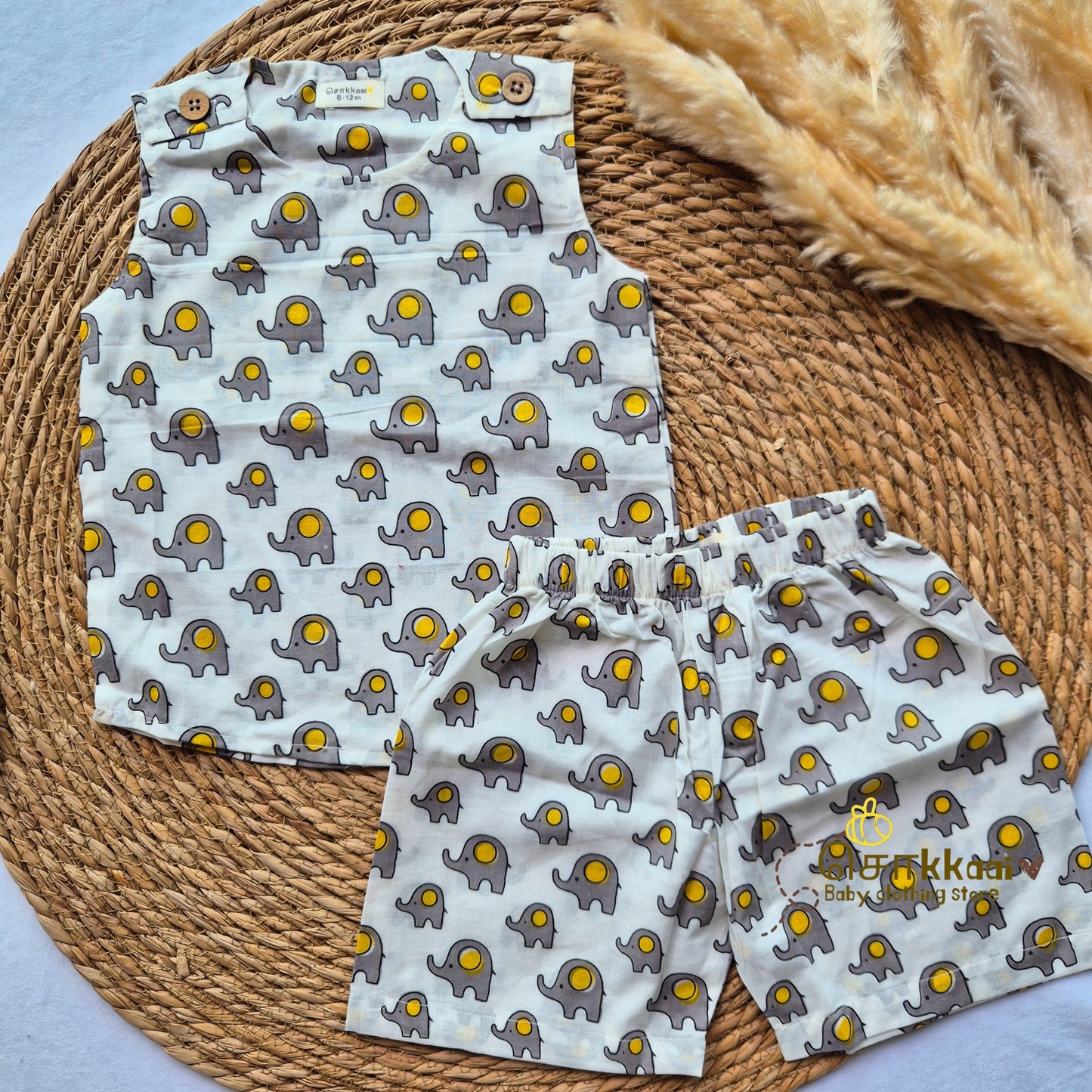 Grey & yellow dot elephant Cotton Unisex Coord Set (0-3years) - Sokkaai