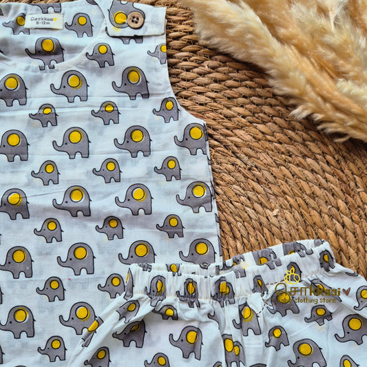 Grey & yellow dot elephant Cotton Unisex Coord Set (0-3years) - Sokkaai