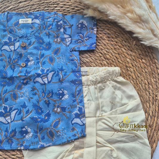 Denim blue floral block Cotton Kids dhoti set (6m-5yrs) - Sokkaai