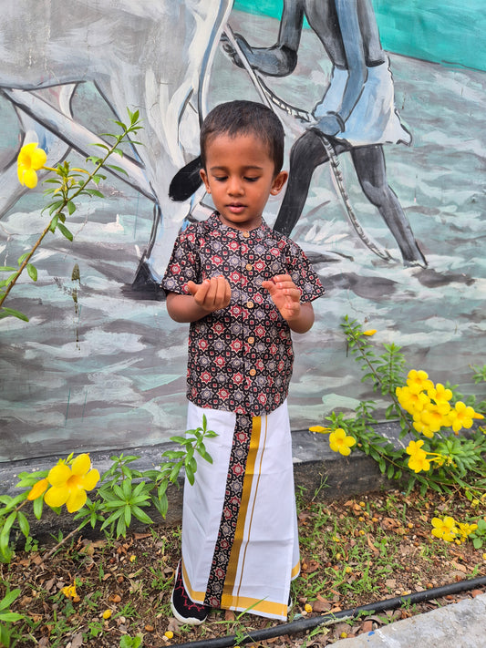Black Heritage Geometric Mandarin Shirt with Veshti (6m-5yrs) - Sokkaai