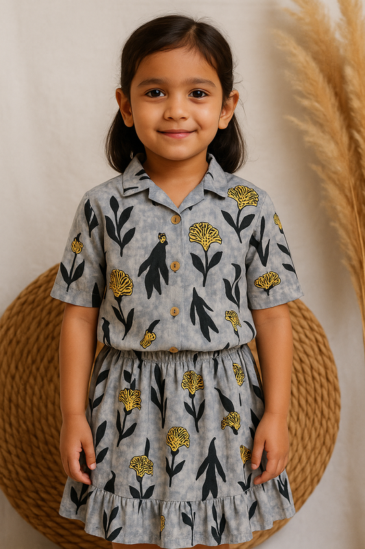 Grey & Black floral Cotton Skirt and top for Girls (2-5years)