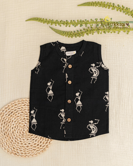 Black Tribal Rhythm centre button sleeveless top (NB-2years) - Sokkaai