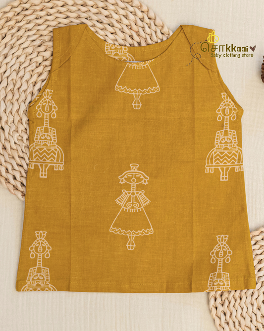Mustard Tribal Motif sleeveless top (NB-4years) - Sokkaai
