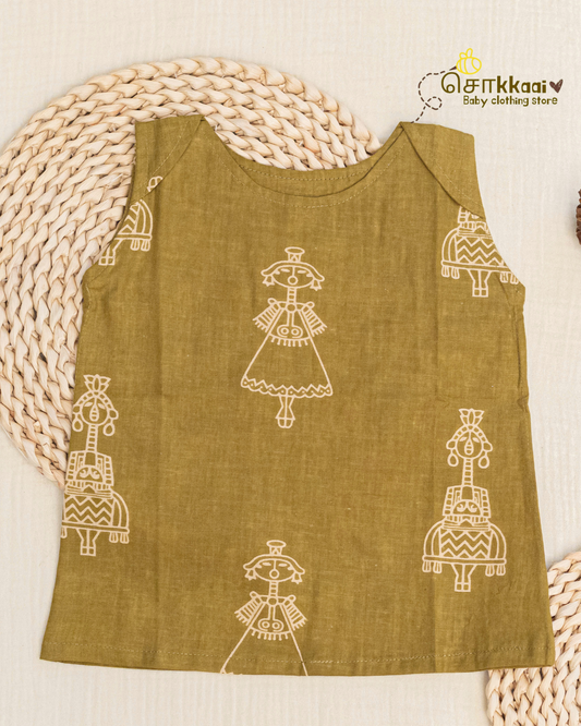 Olive Tribal Motif sleeveless top (NB-4years) - Sokkaai