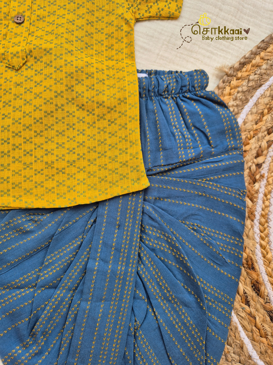 Sunshine Blue Cotton Kids Dhoti Set (NB-5yrs) - Sokkaai