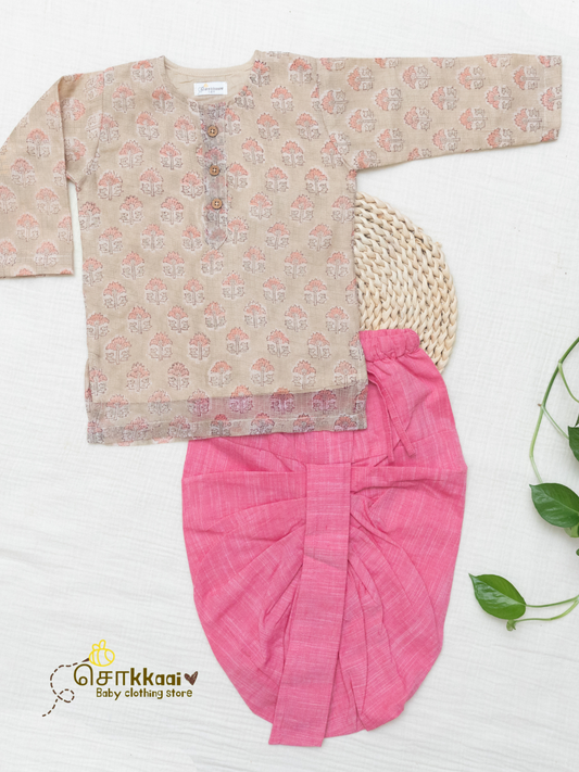 Misty Rosewood Kota Cotton & Handloom Dhoti Set (1-5yrs) - Sokkaai