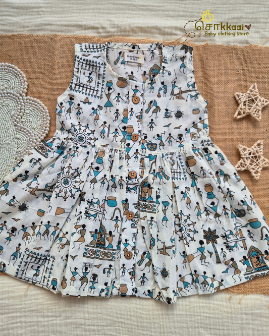 Warli Whimsy Centre Button Girl Frock (NB-2years) - Sokkaai