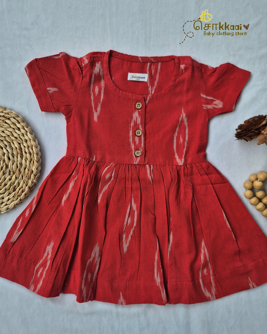 Ruby Red Ikkat Cotton Puff Sleeve Frock (0-3years) - Sokkaai