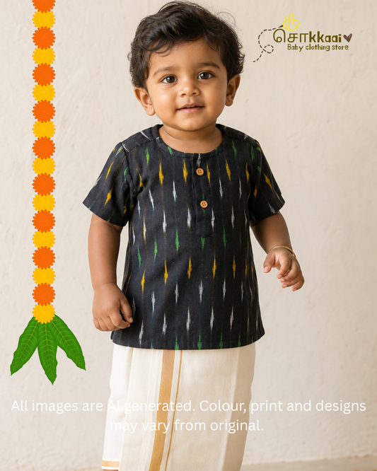 Black Ikkat Short Sleeve Kurta/ Jippa (0-6years) - Sokkaai